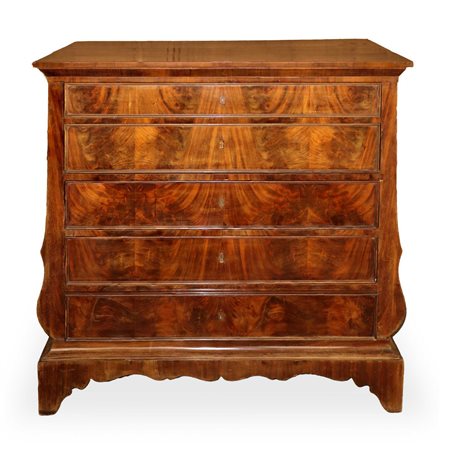 Cassettone a chitarra a 5 cassetti in piuma di mogano, Sicily, First half of the 19° Secolo