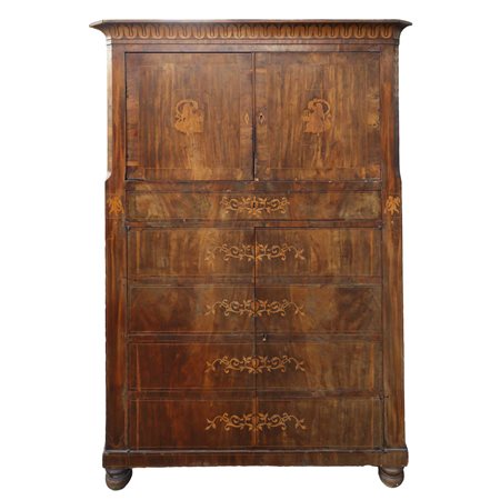 Chiffoniera in legno di mogano con intarsi sul fronte e sui lati, Sicily, 19° Secolo