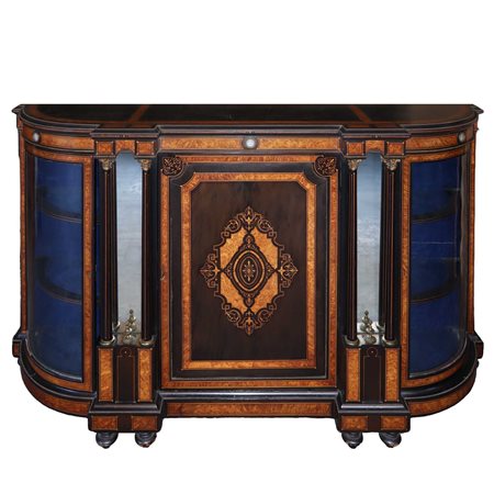 Etagere con sportello centrale intarsiato. Laterali a vetri, Late 19° Secolo