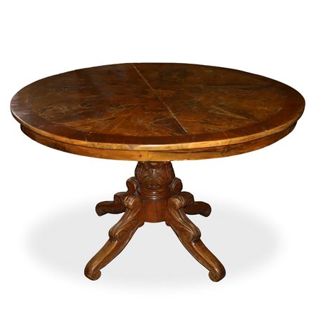Tavolo rotondo con piano in radica e piede a quattro razze, Early 20° Secolo