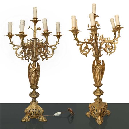 Coppia candelabri in ottone dorato a 7 luci, 20° Secolo