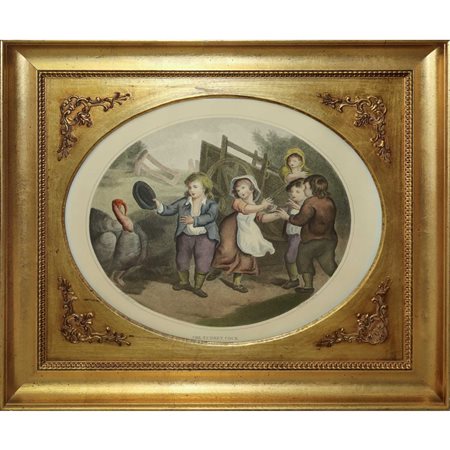 Stampa francese acquerellata W. Hamilton - F. Bartolozzi, entro cornice dorata stile impero, ninetee