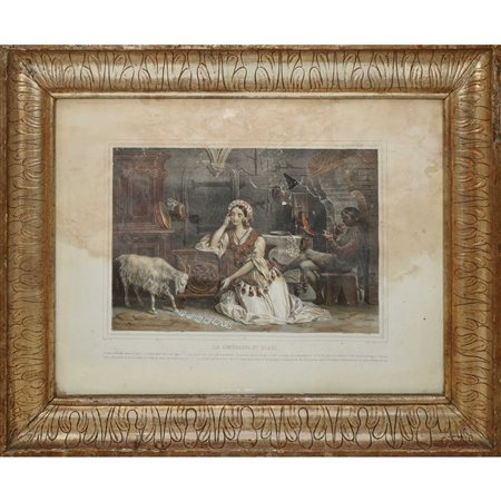 Stampa La Esmeralda et Djali in bella cornice Impero dorata, 19° Secolo