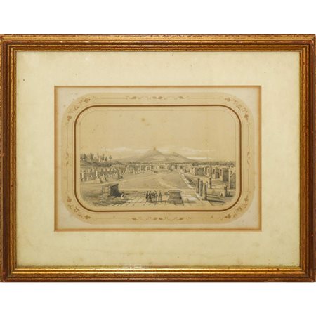 Gran tour, veduta di Pompei con Vesuvio e personaggi