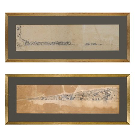 Edoardo Dalbono (Napoli 1814-Napoli 1915)  - Panorama di Napoli, coppia di disegni