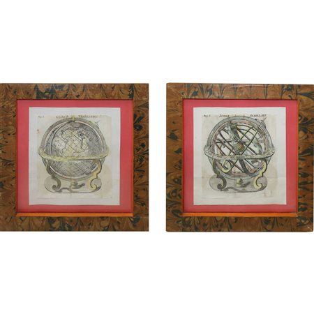 Coppia di incisioni raffigurante globo terrestre e sfera armillare, 1772