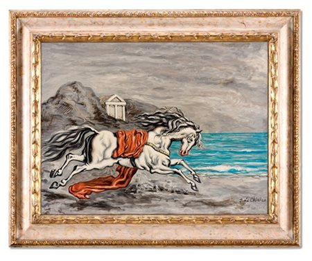 Giorgio De Chirico "Cavallo con drappo rosso" 1961
olio su tela
cm 60x80
Firmato