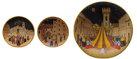 Alberto Cecchini (1935) 
Tre piatti: la Processione del Corpus Domini, l'Albero della Cuccagna, Porta San Domenico