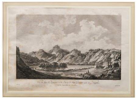 Claude-Louis Châtelet (1753 - 1795) , per il "Voyage Pittoresque ou Description des Royaumes de Naples et de Sicile"
Vue du Lac d'Agnano et des Etuves de san Germano, près de Naples, 1781-1786