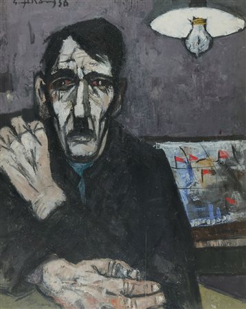 Gianfranco Ferroni (Livorno, 1927 - Bergamo, 2001) Ritratto di uomo 1956 Olio...