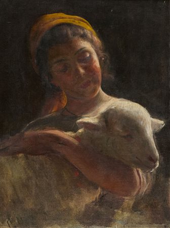 Giuseppe Magni (Pistoia, 1869 - Firenze, 1956) Pastorella con agnellino Olio...