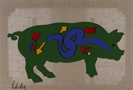 LODOLA MARCO (Dorno Pavia 1955) “Maialino” Collage su carta e smalti su tela...