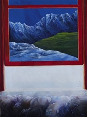 SARDO ETTORE (RAPALLO 1940) “Finestra su paesaggio” Olio su tela cm. 70x50...