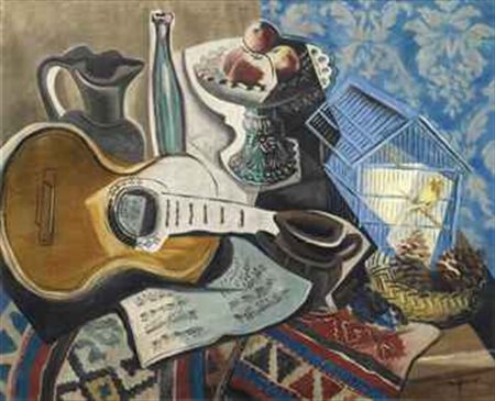 Gino Severini (1883-1966) Natura morta con gabbia blu olio su tela cm 81x100...