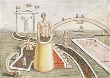 Giorgio de Chirico (1888-1978) I bagni misteriosi tempera su carta applicata...