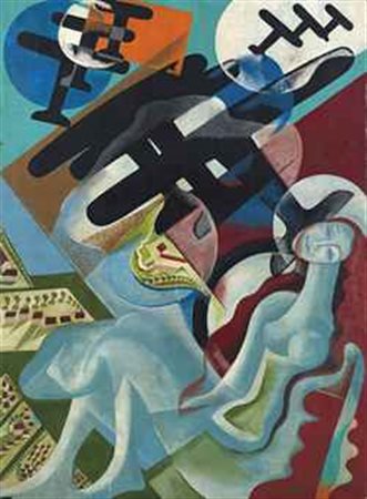 Giulio D'Anna (1908-1978) Guerra aerea olio su due tavole cm 151,5x110...