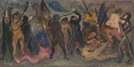 Mario Mafai (1902-1965) Bivacco olio su tavola cm 29,5x57 Eseguito nel 1939...