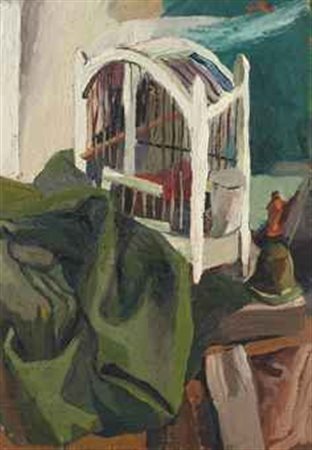 Renato Guttuso (1912-1987) Gabbia e cappello verde olio su compensato cm...