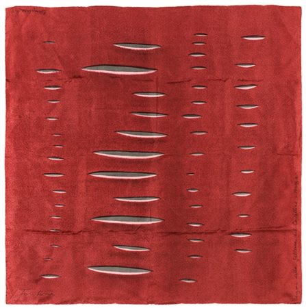 Lucio Fontana "Foulard" 1958
foulard in seta rosso scuro
cm 78x78
Esemplare n. 2