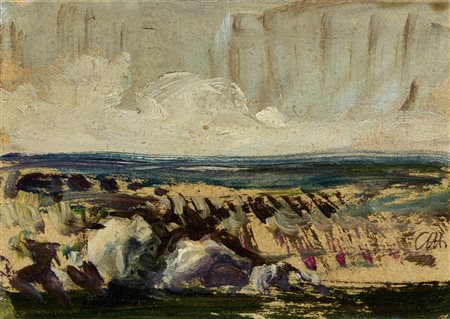 Pietro Annigoni (Milano, 1910 - Firenze, 1988) Paesaggio Olio su cartoncino...