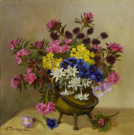 V. Thomele (XX secolo) Vaso con fiori Olio su faesite cm. 40x40 Firma in...