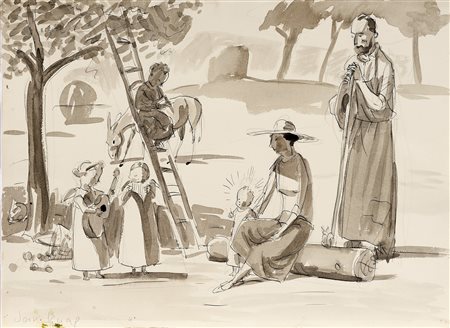 Jan Knap (Chrudim, 1949) Sacra famiglia China e acquerello su carta cm. 39x53...