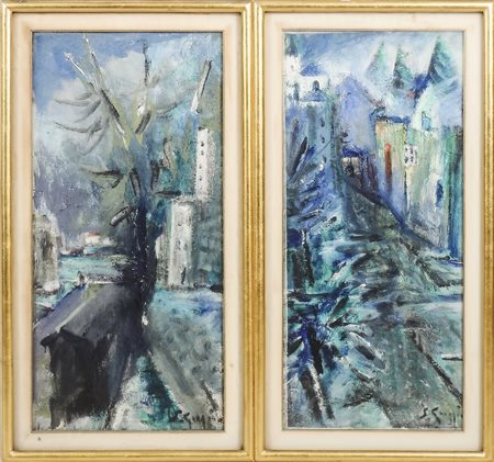 SPARTACO GREGGIO (1893-1979) Scorci di città - Town Views coppia di oli su...