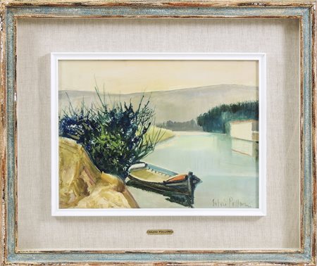 SILVIO POLLONI (1888-1972) Paesaggio fluviale con barca - River Landscape...