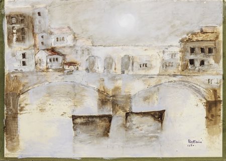 LIDO BETTARINI Ponte Vecchio - Florence View tempera su copertina di cartella...