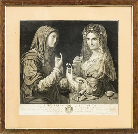 LA VANITÀ E LA MODESTIA - THE VANITY AND THE MODESTY antica incisione -...