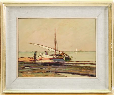RENUCCIO RENUCCI (1880-1947) Paesaggio marino con barca e pescatori -...