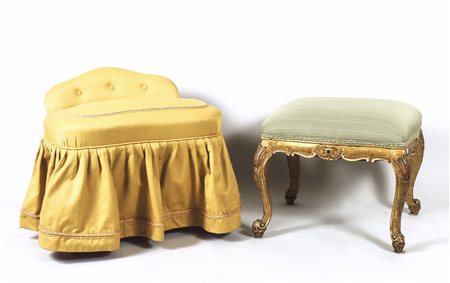 DUE SGABELLI - TWO STOOLS uno in legno intagliato e dorato con seduta...
