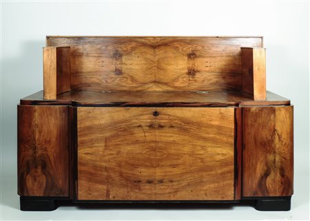 DIVANETTO-CASSAPANCA IMPIALLACCIATO IN PIUMA DI NOCE E ALTRI LEGNI - WALNUT...