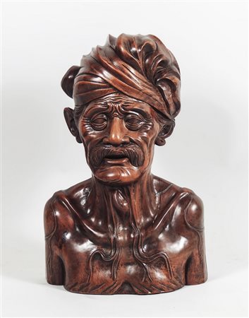 BUSTO MASCHILE CON TURBANTE - WOODEN MALE BUST manifattura orientale -...