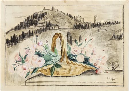 ELISABETH CHAPLIN (1890-1982) Cesto con fiori con Veduta di Fiesole 1942 -...