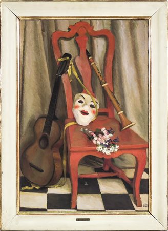 EZIO GIOVANNOZZI (1882-1964) Natura morta con sedia, maschera e strumenti...