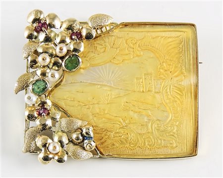 SPILLA PENDENTE IN ORO GIALLO - GOLDEN PENDANT BROOCH con cammeo in...