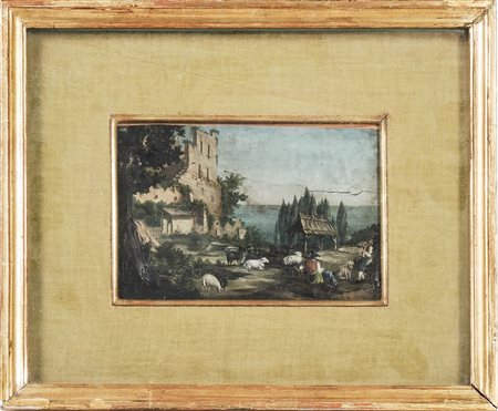 PAESAGGIO CON ROVINE, PASTORI E ARMENTI seconda metà del XIX secolo olio su...