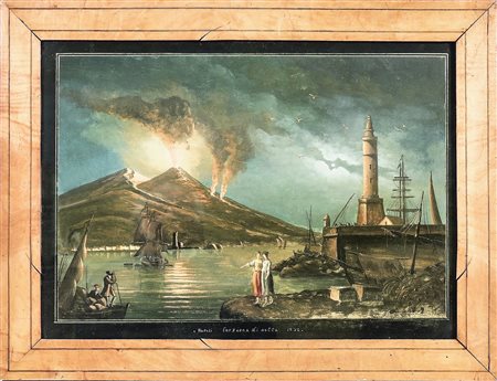 NAPOLI, ERUZIONE NOTTURNA DEL VESUVIO - NAPLES, ERUPTION BY NIGHT gouache su...