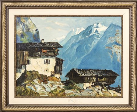 PAESAGGIO DI MONTAGNA CON BAITA - MOUNTAIN LANDSCAPE WITH HOUSE olio su tela...