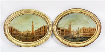 VEDUTE VENEZIANE - VENETIAN VIEWS coppia di dipinti ad olio su tela in ovale...