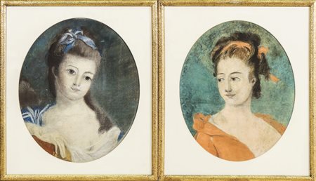 Ritratti femminili - Female Portraits coppia di dipinti a pastello su carta...