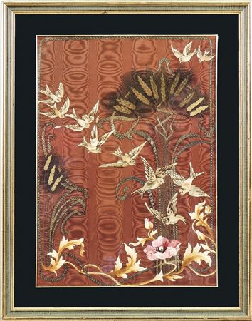 PANNELLO RICAMATO IN FILI DORATI CON UCCELLI, FIORI E SPIGHE - EMBROIDERED...