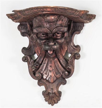 MENSOLA IN LEGNO INTAGLIATO - CARVED WOODEN SHELF con mascherone, lievi...
