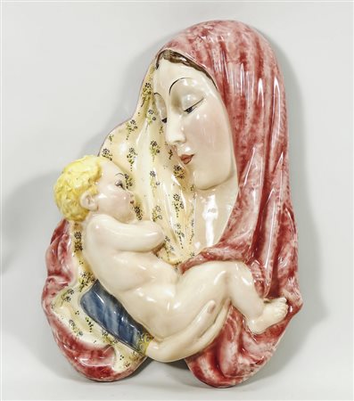 PLACCA IN CERAMICA - CERAMIC PLAQUE raffigurante Madonna con Bambino, dipinta...