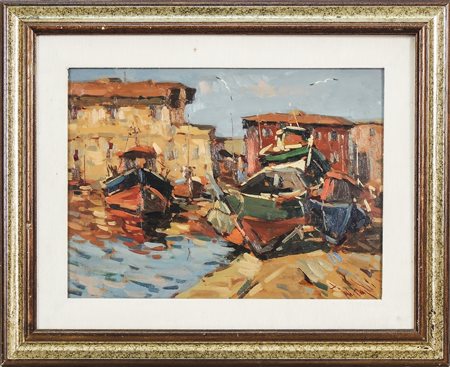 RENZO GIUDUGLI La Darsena di Livorno - Livorno Port View olio su tavoletta -...