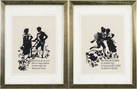 SCENE GALANTI - ROMANTIC SCENES coppia di silhouettes a china su carta - a...