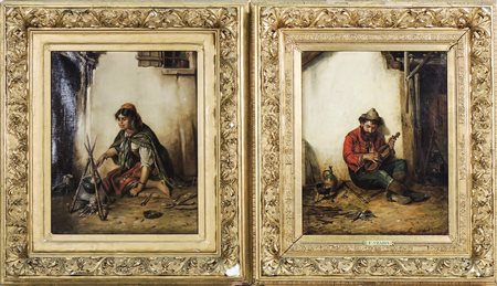 FERENCZ SZABO (XIX secolo) Vedute d'interno con violista e giovane donna -...