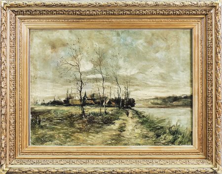 PAESAGGIO FLUVIALE CON FIGURA - RIVER LANDSCAPE WITH FIGURE olio su tela -...