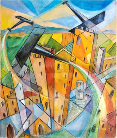 PIERLUIGI BOSSI SIBÒ (Milano 1907-2000) <br>Spirali tricolori sul medioevo